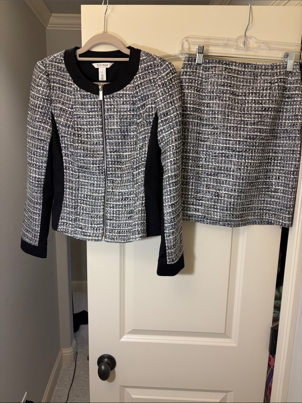 White House Black Market Black and White Tweed Zip Jacket & Skirt Set